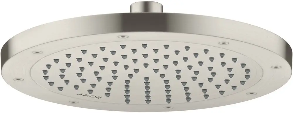 Runde, flache Kopfbrause aus Edelstahl mit mehreren Düsen. Das Produkt trägt die Marke AXOR und zeigt ein schlichtes Design.